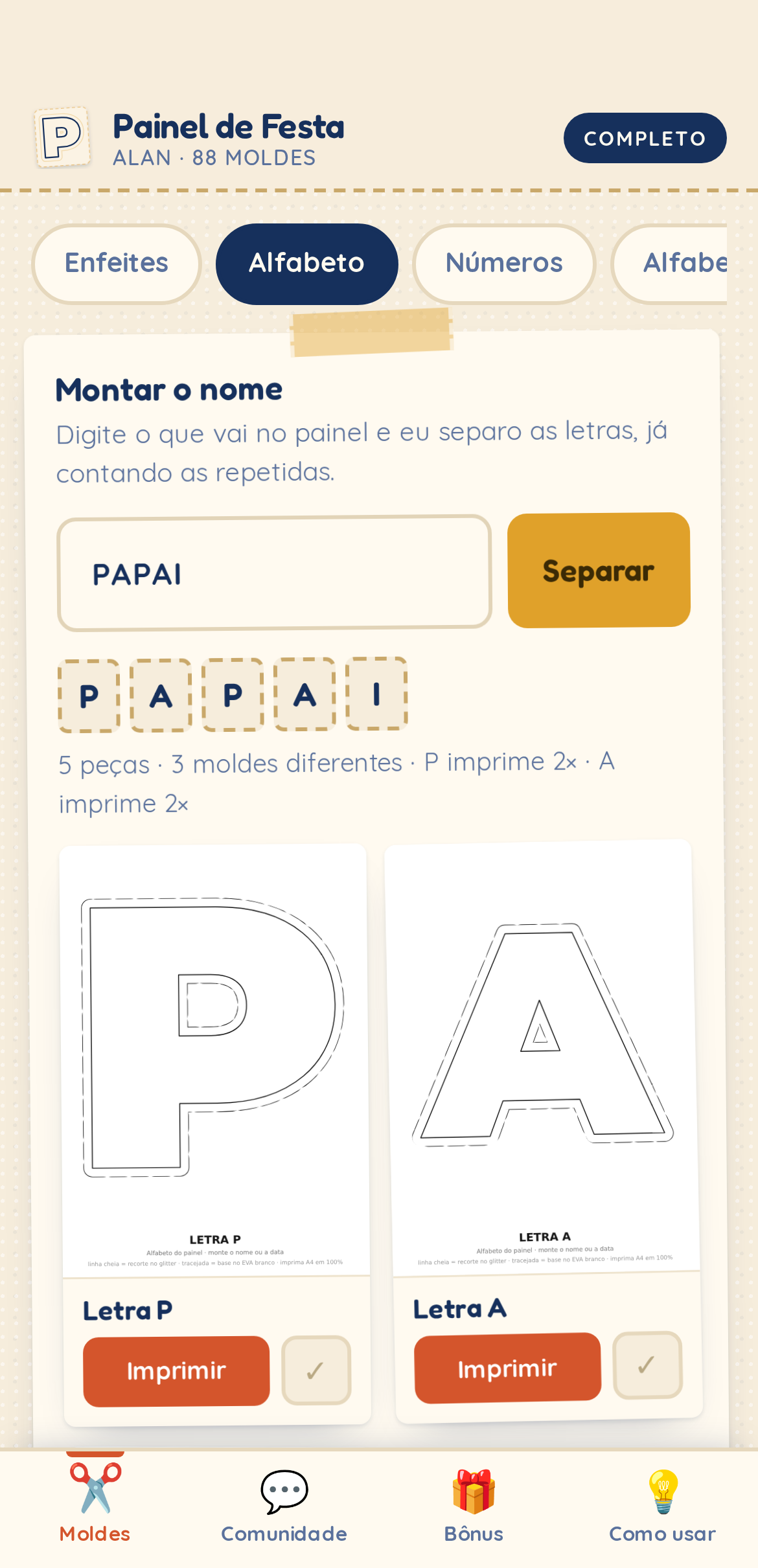 Tela do app mostrando as letras separadas da palavra PAPAI